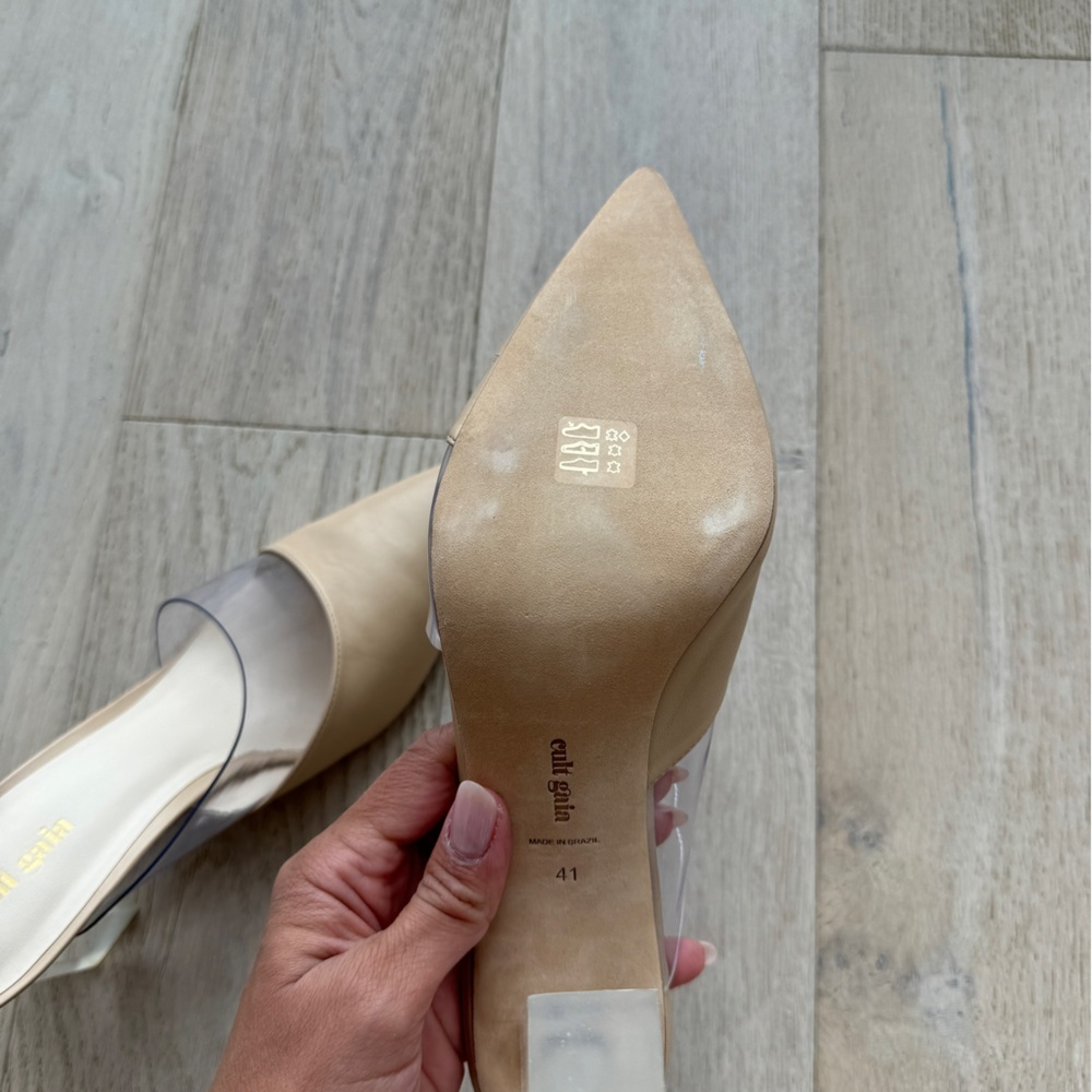 Cult Gaia Neutral Beige Leather PVC Pointed Toe Lucite Heels Mules - Picture 5 of 6